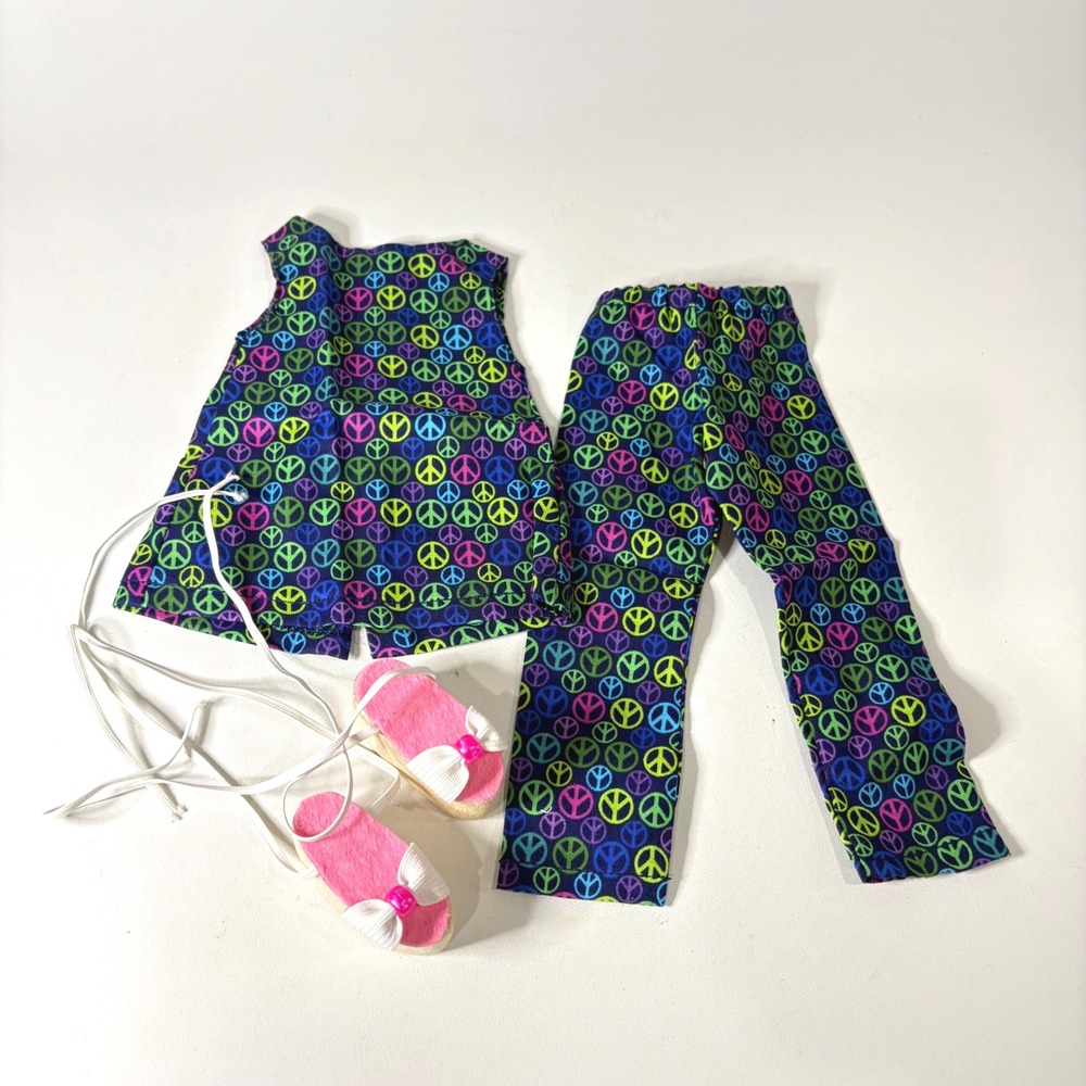 Handmade 14 in Doll Clothes Set Peace Sign Print Tunic Pants Platform Sandals